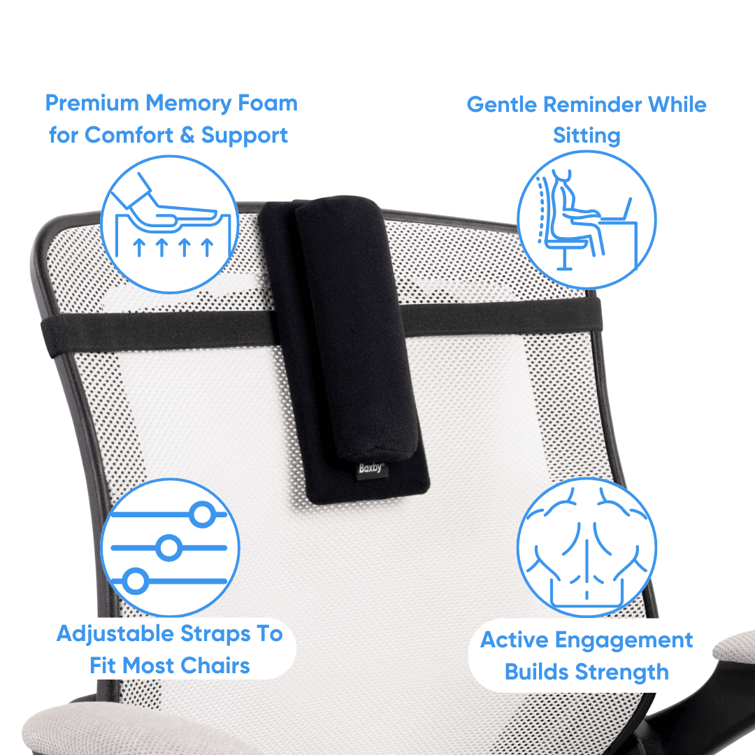 a memory foam posture correcting cushion shown on a white chair with product feature callouts