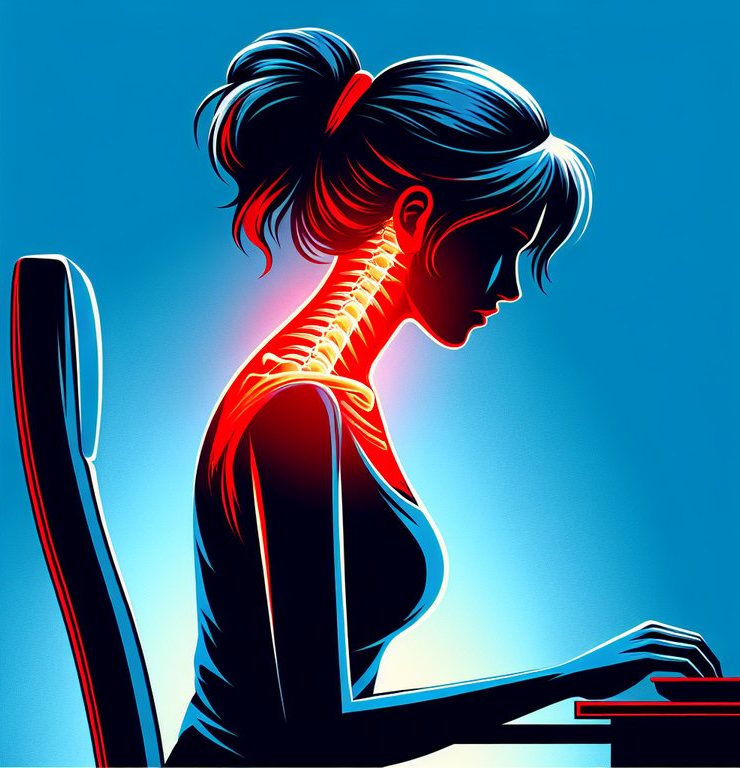 The image features a silhouette of a woman sitting at a desk, her head and shoulders rounded forward in poor posture, with a radiating red glow emanating from her tense neck and head area, highlighting the connection between posture and tension headaches.