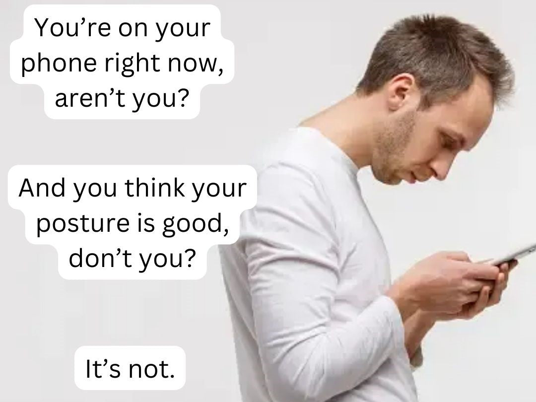 The image is of a man staring at his cell phone. His head is far forward and it highlights how much of an impact cell phone use has on posture.